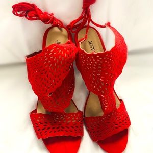 JustFab Red Lace-Up Sandals Size 8 EUC